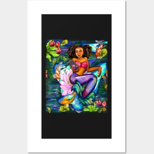 Mermaid checking her phone ii with Koi fish in koi pond with plants and flowers Posters and Art